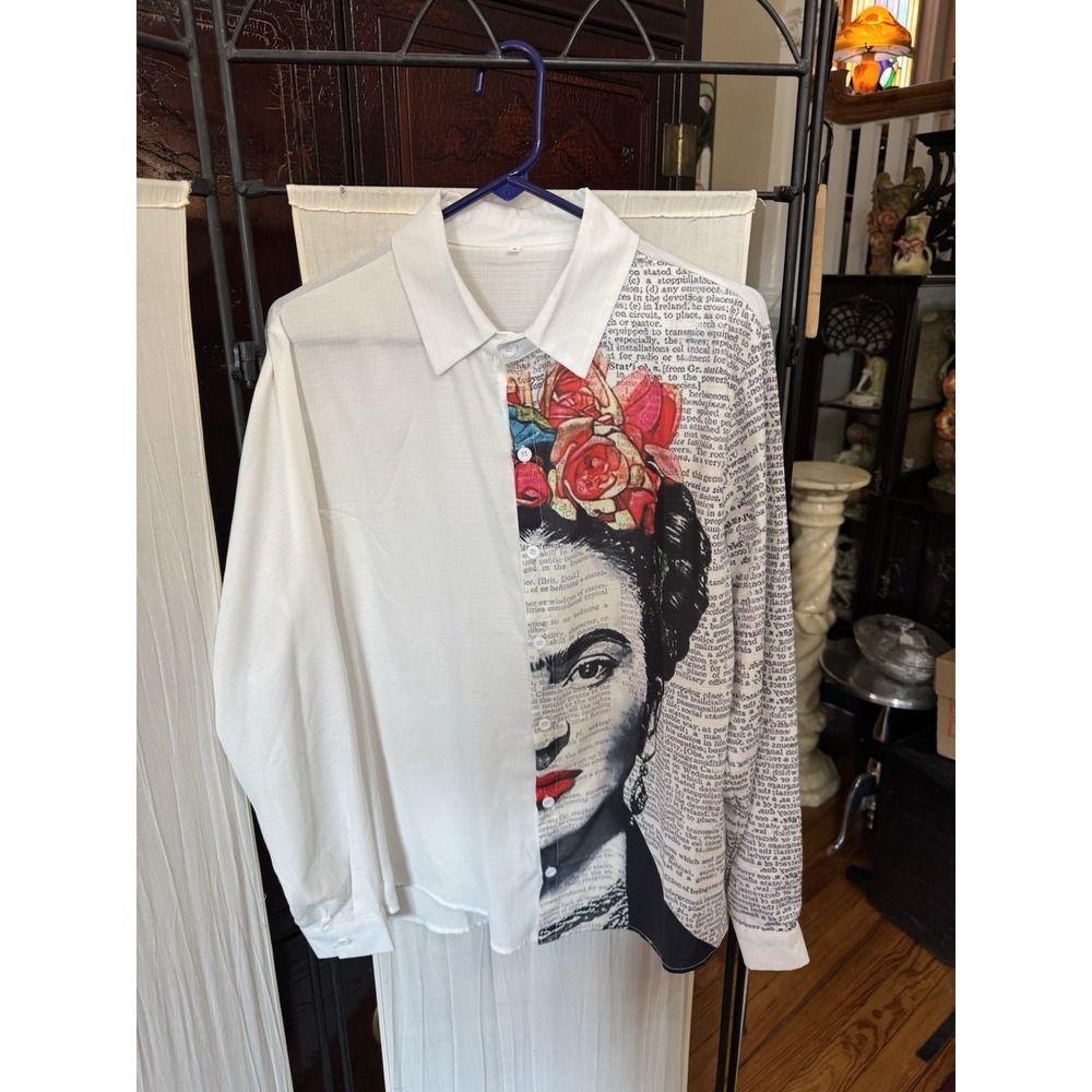 Frida Kahlo Small Art Print Button Down Shirt Roses Newspaper Graphic Shirt